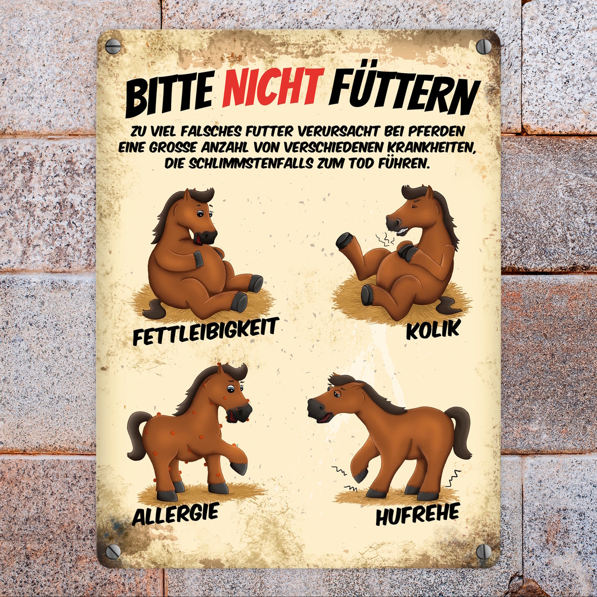 Metallschild mit Pferde Motiv und Spruch: Bitte nicht füttern - Pferd Krankheiten Sammelschild für Koppel und Stall