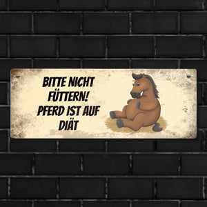 Metallschild mit braunem Pferd Motiv und Spruch: Bitte nicht füttern - Diät