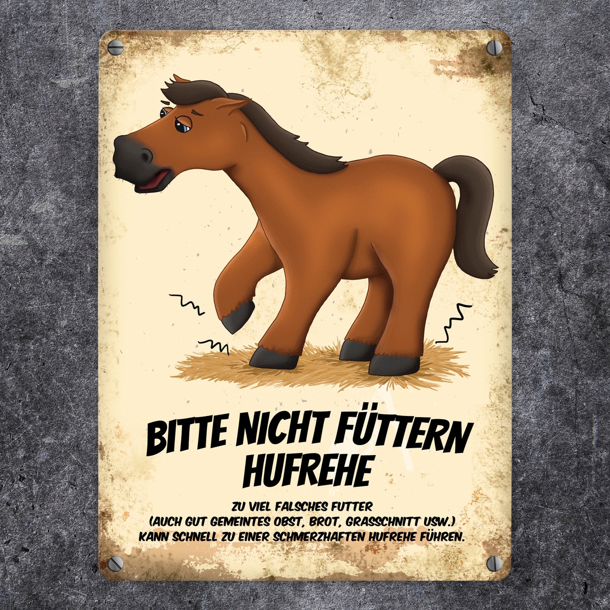 Metallschild mit Pferde Motiv und Spruch: Bitte nicht füttern - Hufrehe