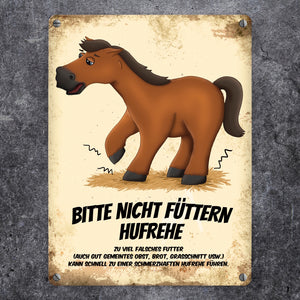 Metallschild mit Pferde Motiv und Spruch: Bitte nicht füttern - Hufrehe
