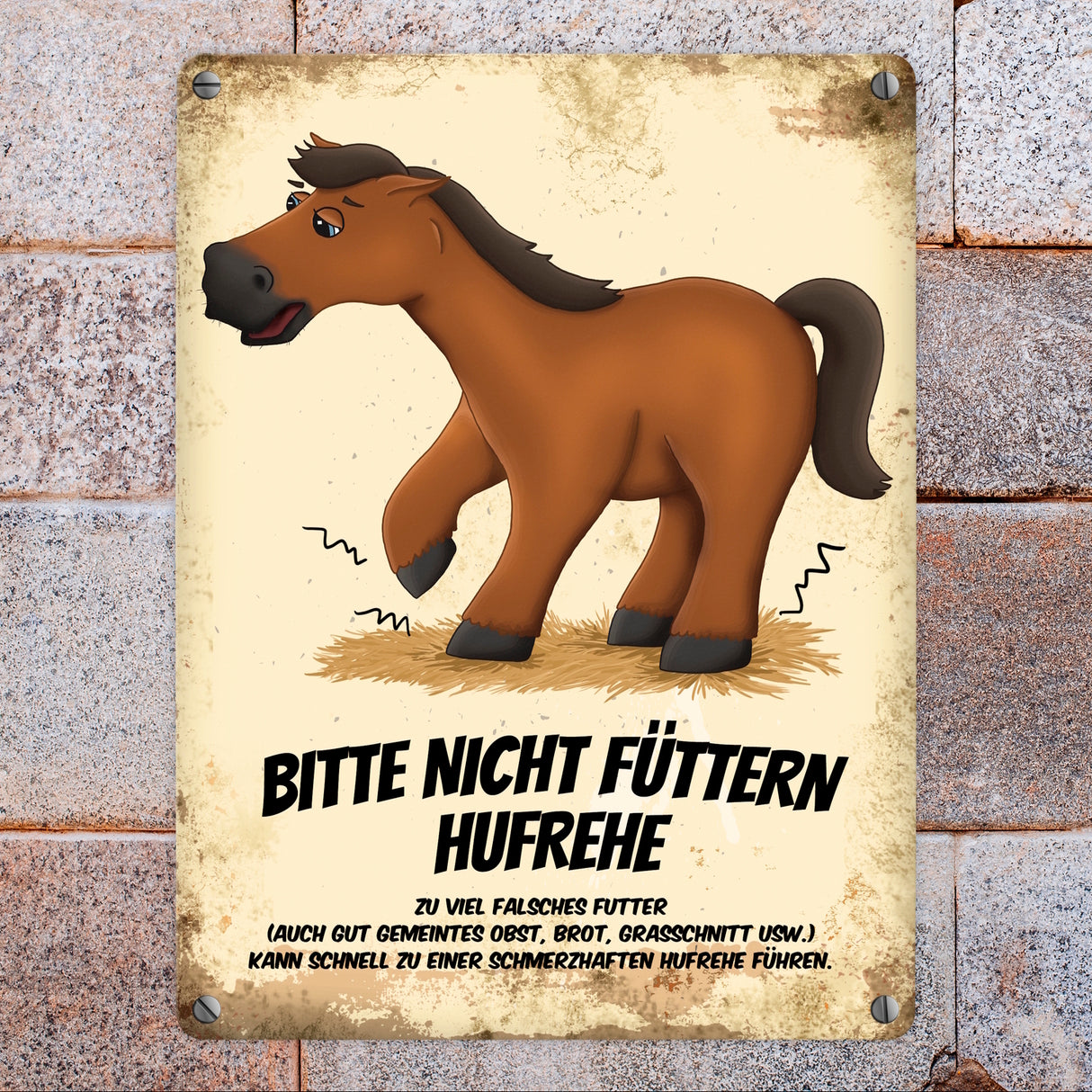 Metallschild mit Pferde Motiv und Spruch: Bitte nicht füttern - Hufrehe