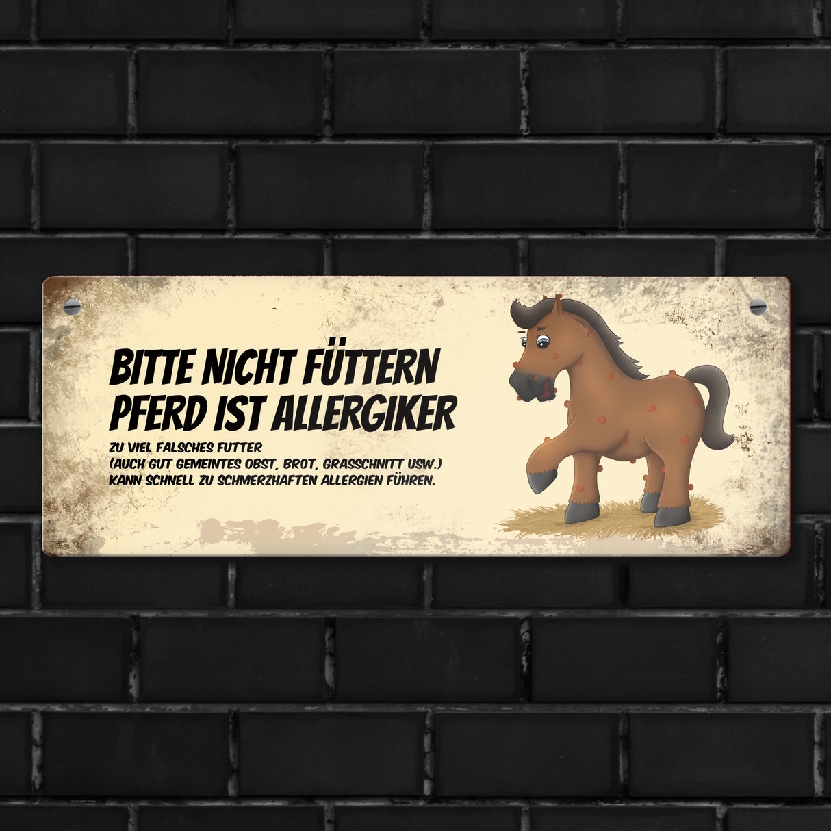 Metallschild mit braunem Pferd Motiv und Spruch: Bitte nicht füttern - Allergiker