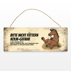 Metallschild mit braunem Pferd Motiv und Spruch: Bitte nicht füttern - Kolik-Gefahr