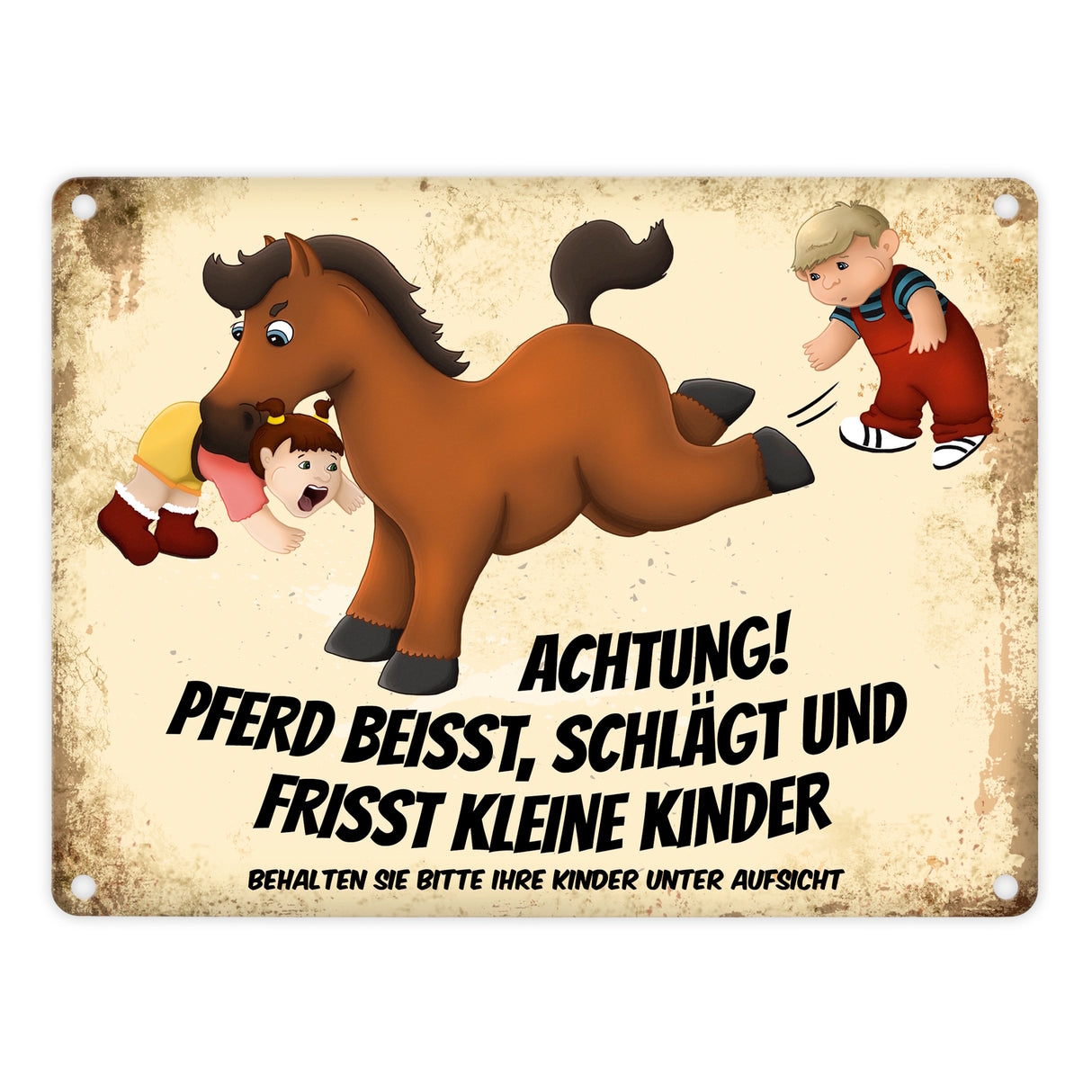 Metallschild mit Pferde Motiv und Spruch: Achtung! Pferd beisst schlägt und frisst kleine Kinder! Warnschild für die Koppel