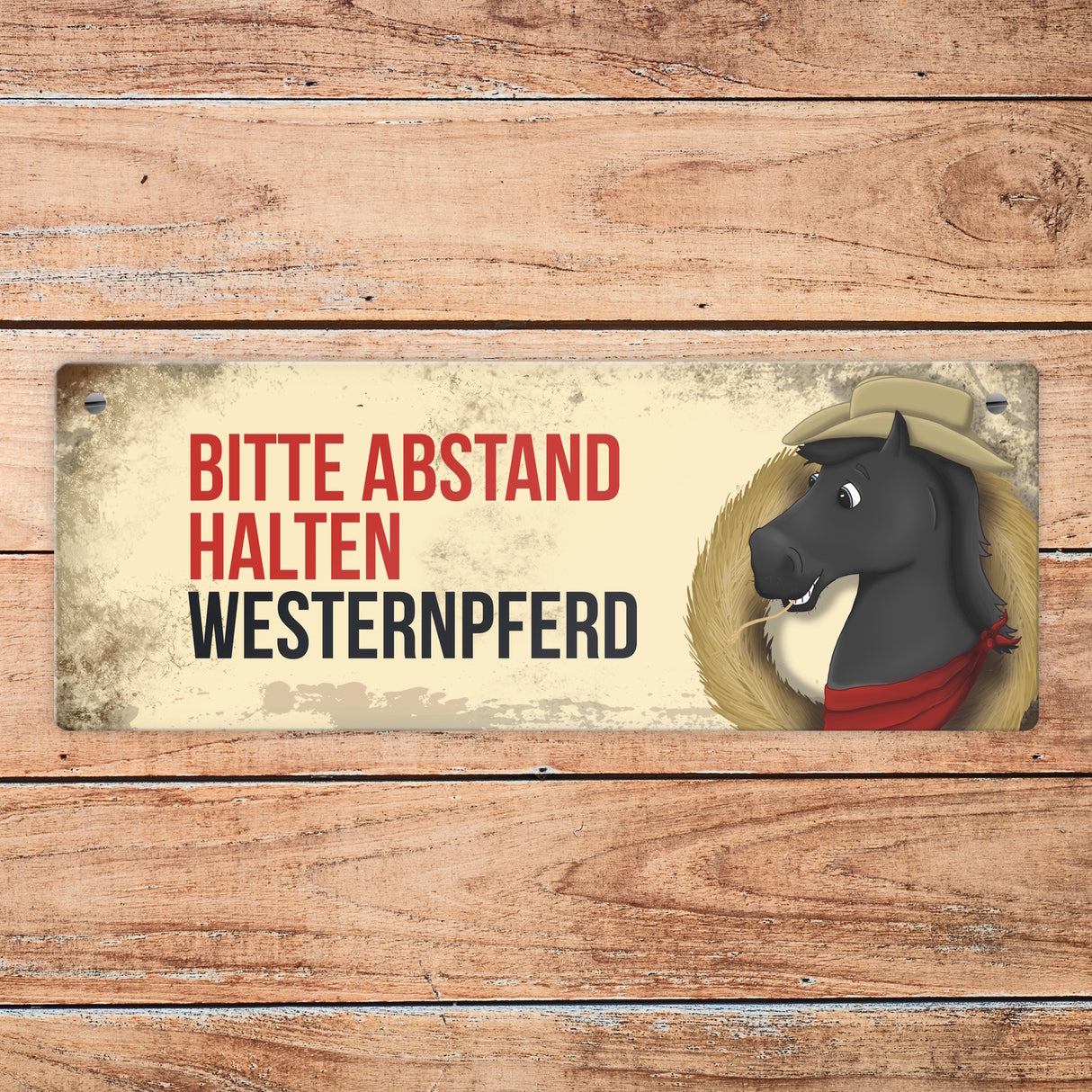 Metallschild mit schwarzem Westernpferd Motiv und Spruch: Bitte Abstand halten