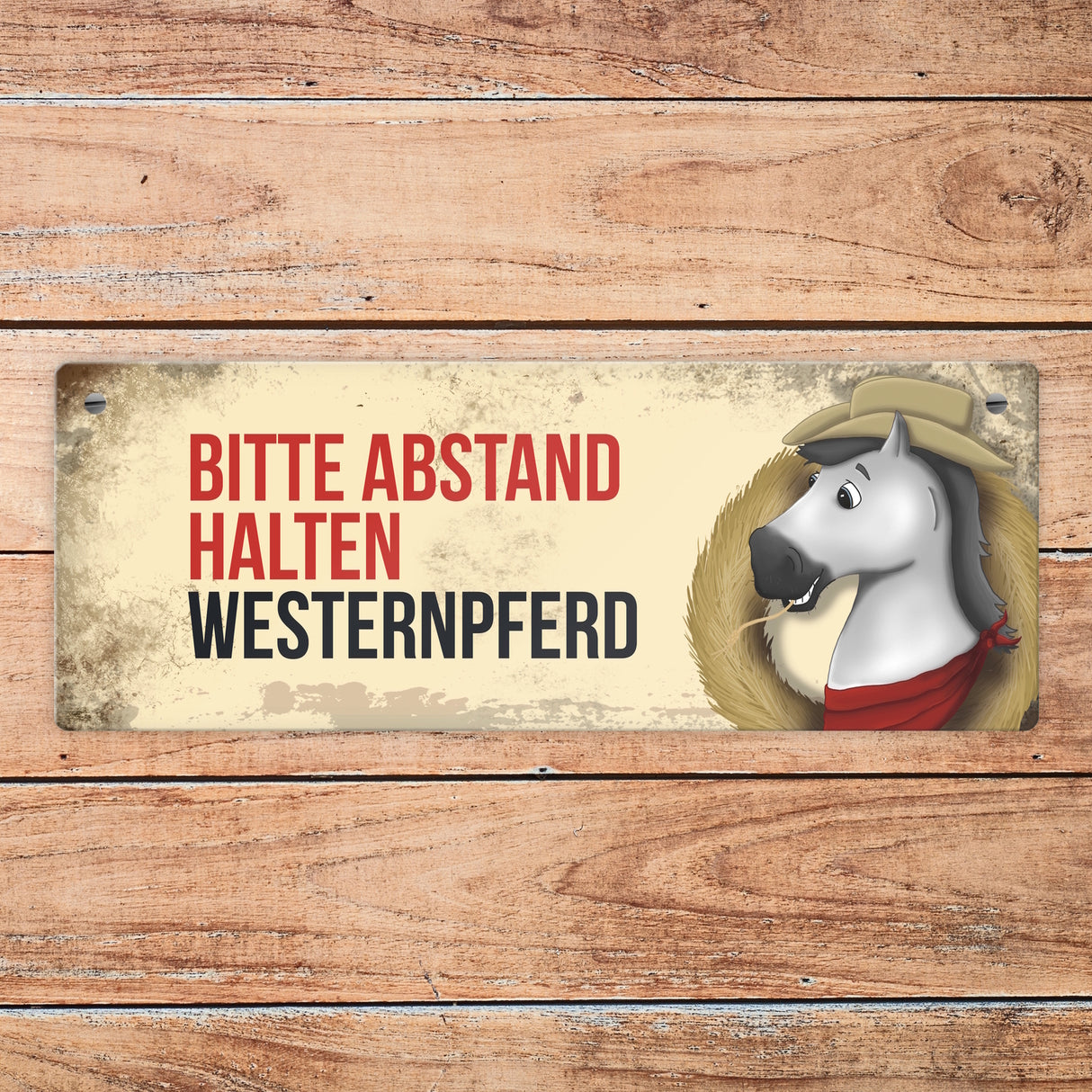 Metallschild mit weißem Westernpferd Motiv und Spruch: Bitte Abstand halten