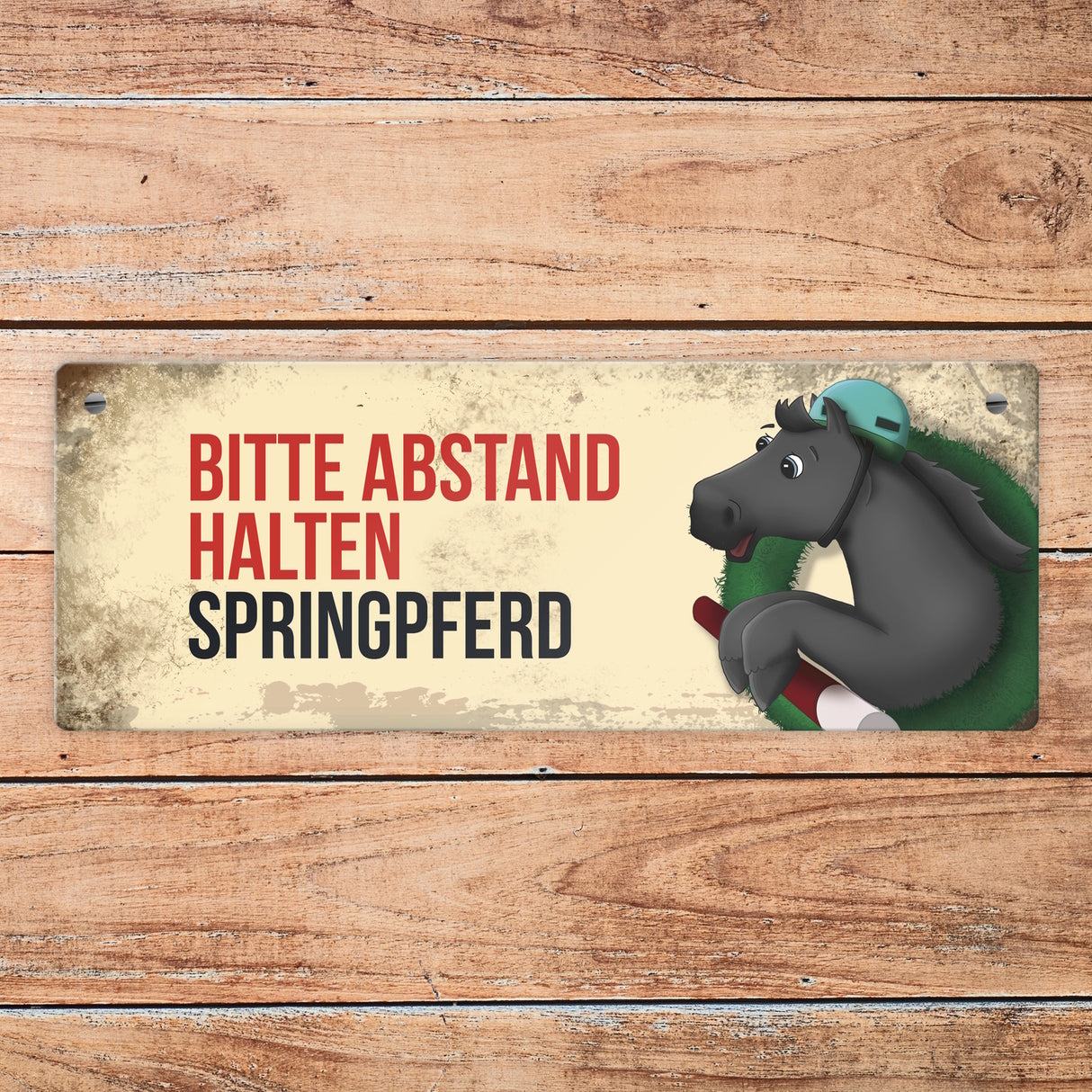 Metallschild mit schwarzem Springpferd Motiv und Spruch: Bitte Abstand halten