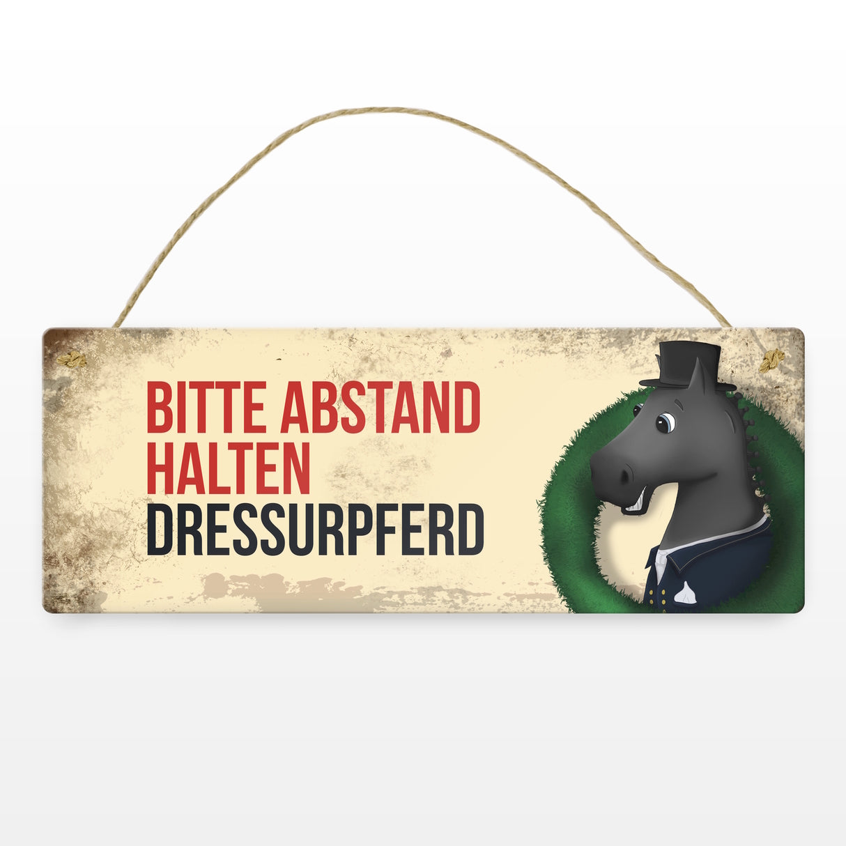 Metallschild mit schwarzem Dressurpferd Motiv und Spruch: Bitte Abstand halten