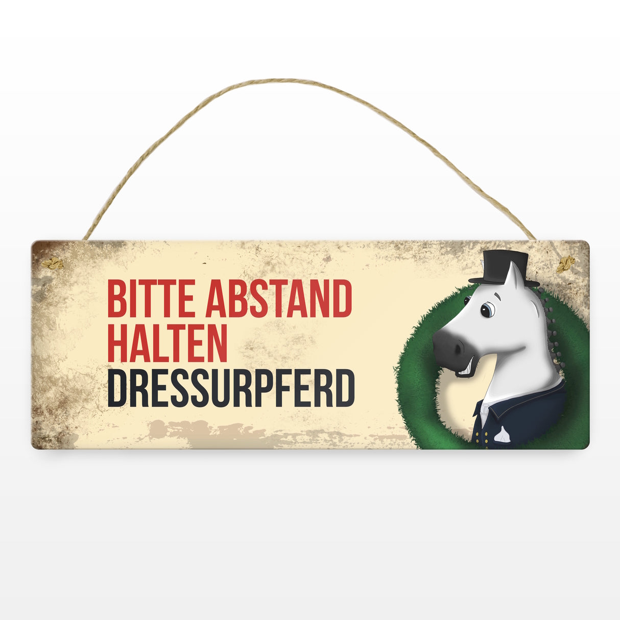 Metallschild mit weißem Dressurpferd Motiv und Spruch: Bitte Abstand halten