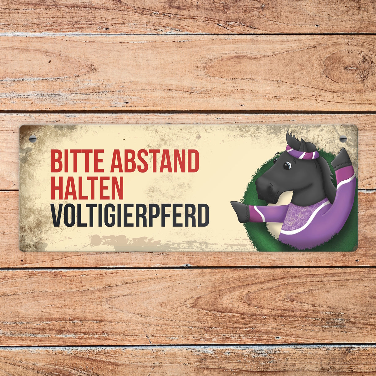 Metallschild mit schwarzem Voltigierpferd Motiv und Spruch: Bitte Abstand halten