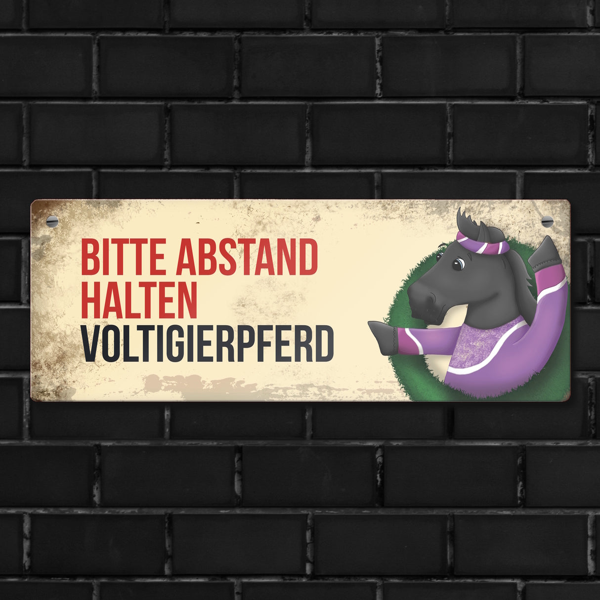 Metallschild mit schwarzem Voltigierpferd Motiv und Spruch: Bitte Abstand halten