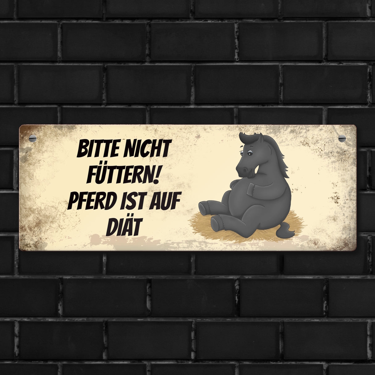 Metallschild mit schwarzem Pferd Motiv und Spruch: Bitte nicht füttern - Diät
