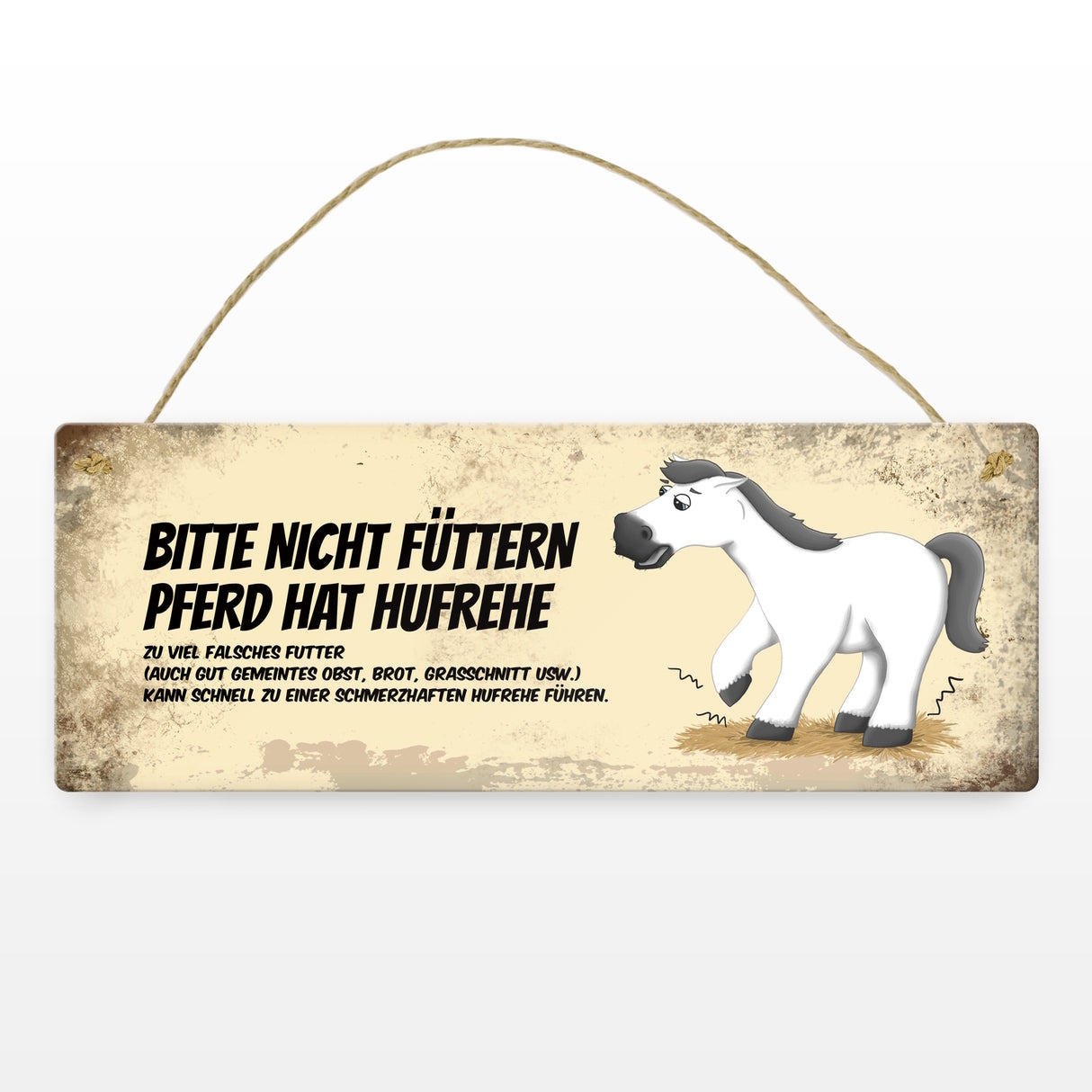 Metallschild mit weißem Pferd Motiv und Spruch: Bitte nicht füttern - Hufrehe