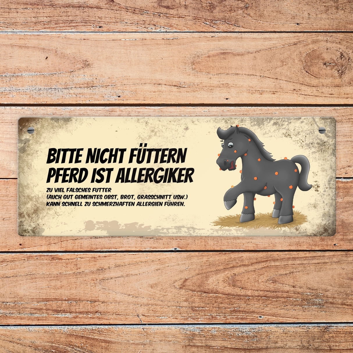 Metallschild mit schwarzem Pferd Motiv und Spruch: Bitte nicht füttern - Allergiker