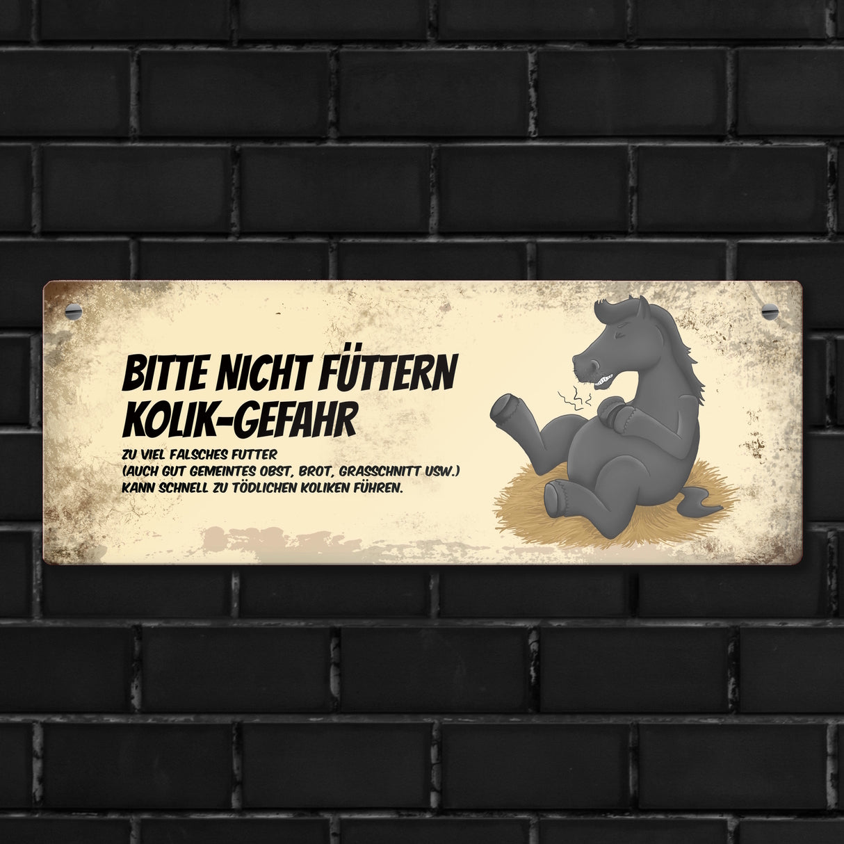Metallschild mit schwarzem Pferd Motiv und Spruch: Bitte nicht füttern - Kolik-Gefahr