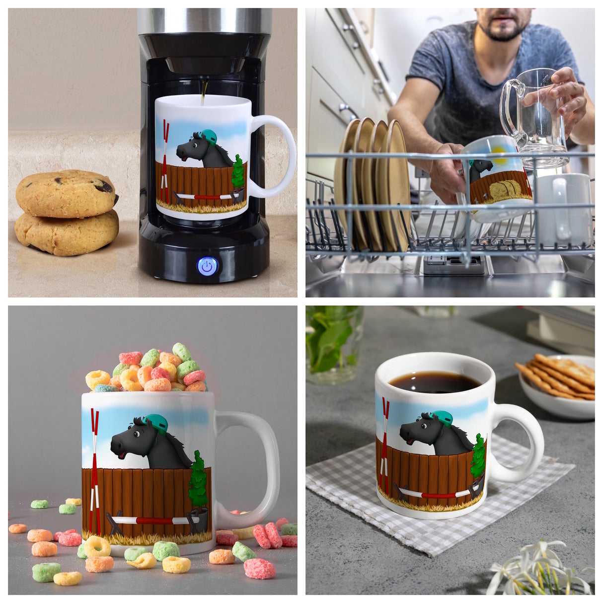 Kaffeebecher mit schwarzes Springpferd Motiv