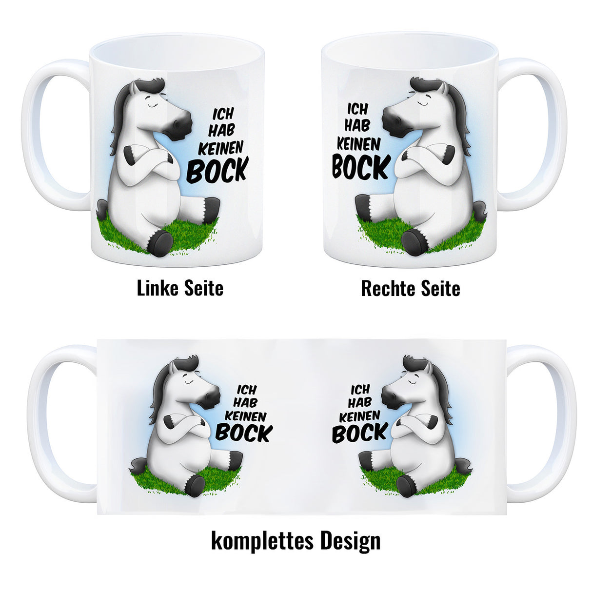 Kaffeebecher mit weißes Pferd Motiv und Spruch: Ich hab keinen Bock