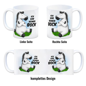 Kaffeebecher mit weißes Pferd Motiv und Spruch: Ich hab keinen Bock