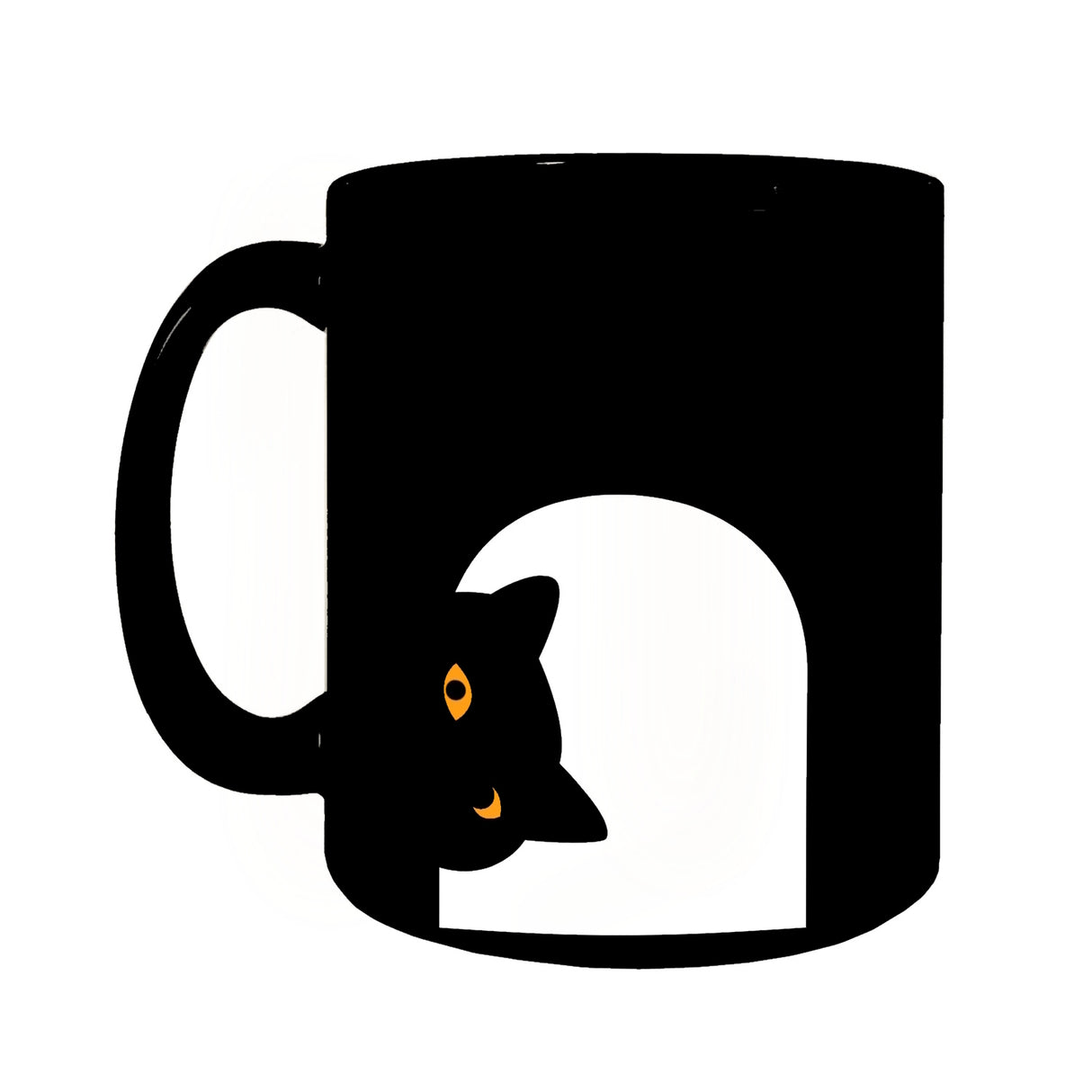 Schwarze Katze schaut durch Schlüsselloch Kaffeebecher