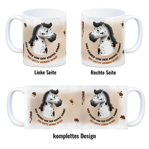 Kaffeebecher mit weißes Pferd Motiv und Spruch: Wer sauber von der Koppel kommt, ...