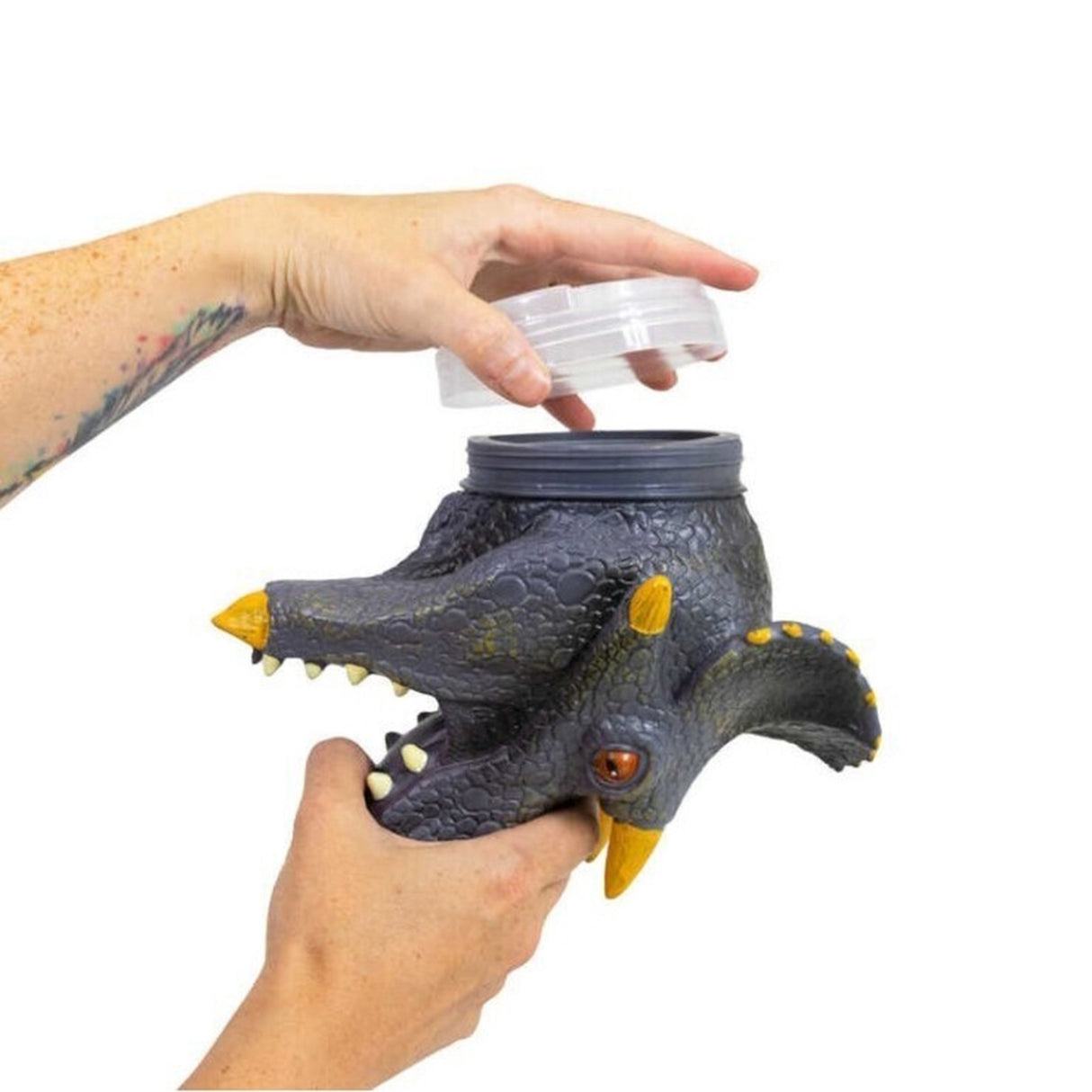 Dinosaurier Spielfiguren in einem Triceratops Kopf im 12er Set