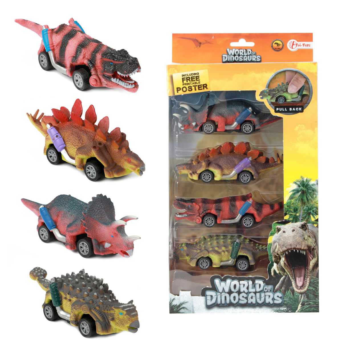 Dinosaurier Spielzeugautos mit Rückzugmotor im 4er Set