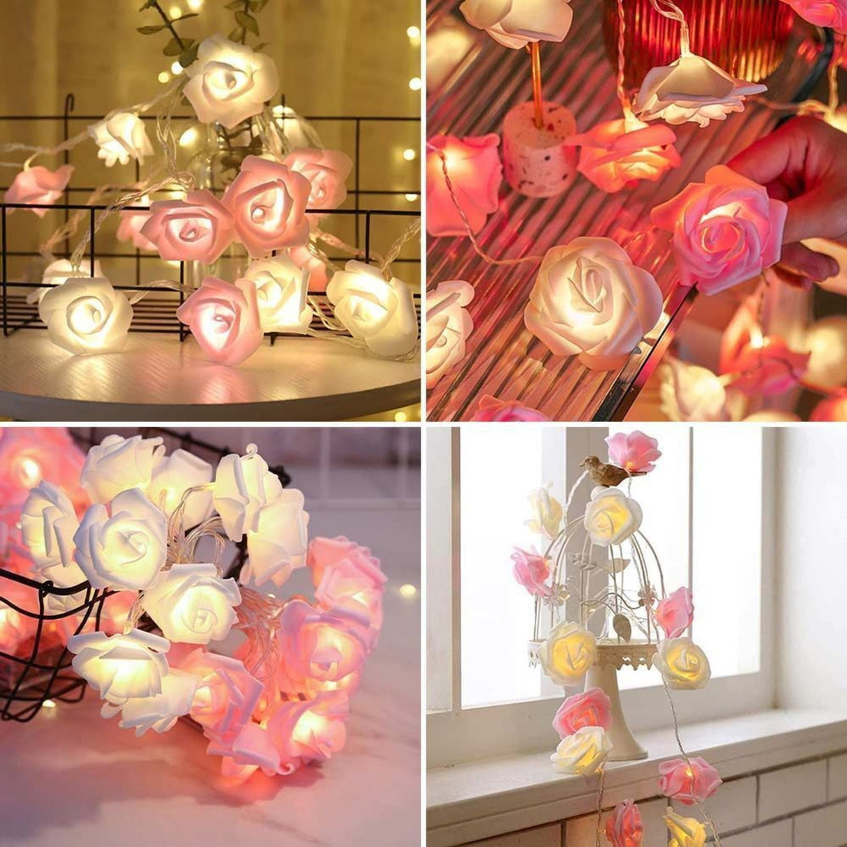 Rosen Lichterkette mit rosa und weißen LED Blüten