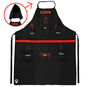 Grillschürze für Männer - Taschen, Kapuze und Flaschenöffner