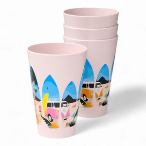 Trinkbecher Volkswagen VW T1 Bulli Picknickbecher &quotWaves are Calling&quot Becher im 4er Set