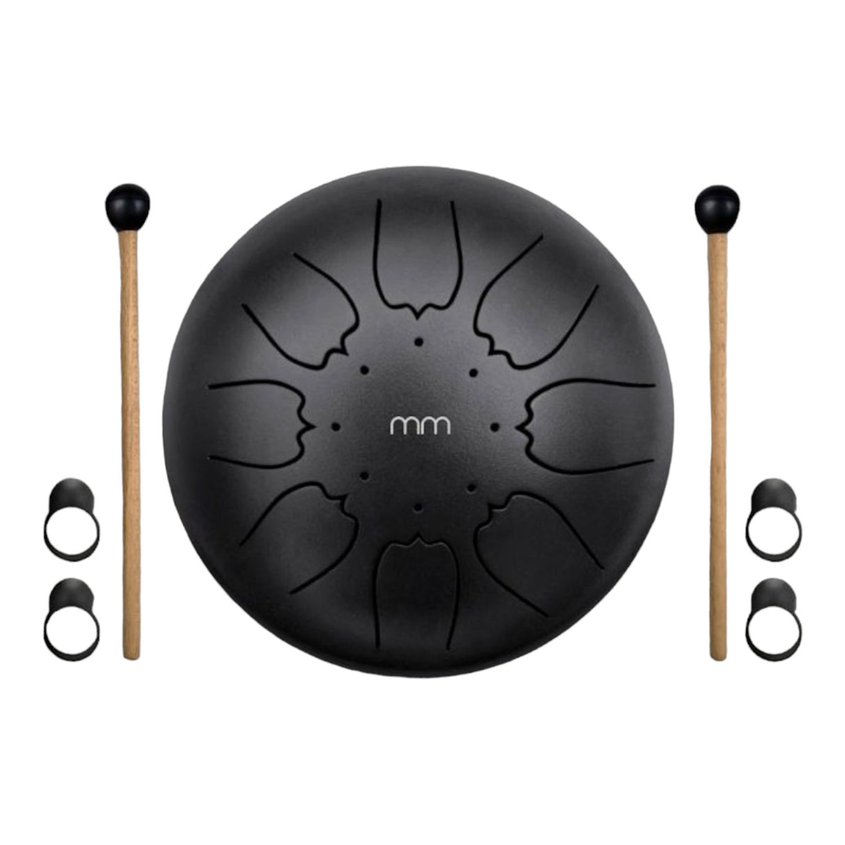 Zungentrommel Instrument aus Metall Tongue Drum mit Trommelstöcken und vier Fingerpicks