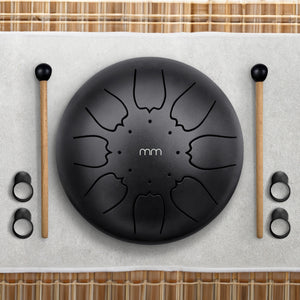 Zungentrommel Instrument aus Metall Tongue Drum mit Trommelstöcken und vier Fingerpicks