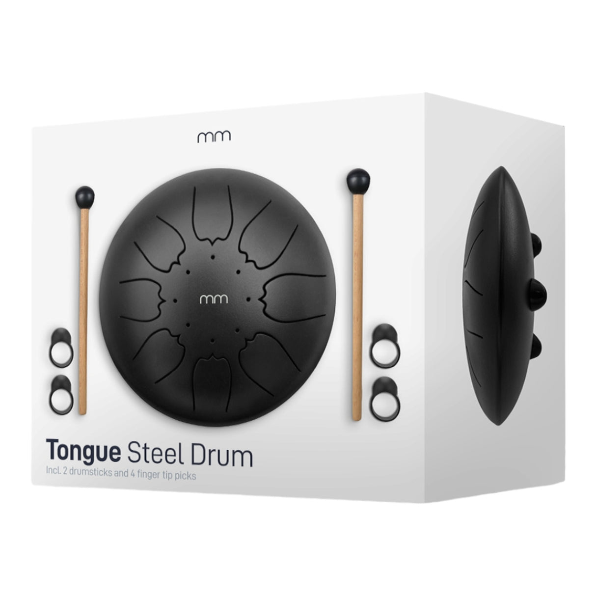 Zungentrommel Instrument aus Metall Tongue Drum mit Trommelstöcken und vier Fingerpicks