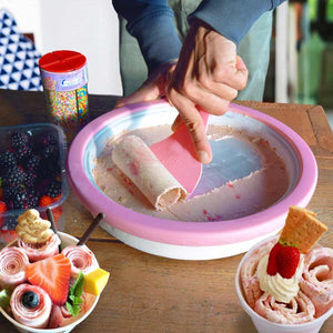 Ice Rolls Maschine Eismaschine Küchengadget mit zwei Spachteln, Förmchen und Strohhalm-Löffel
