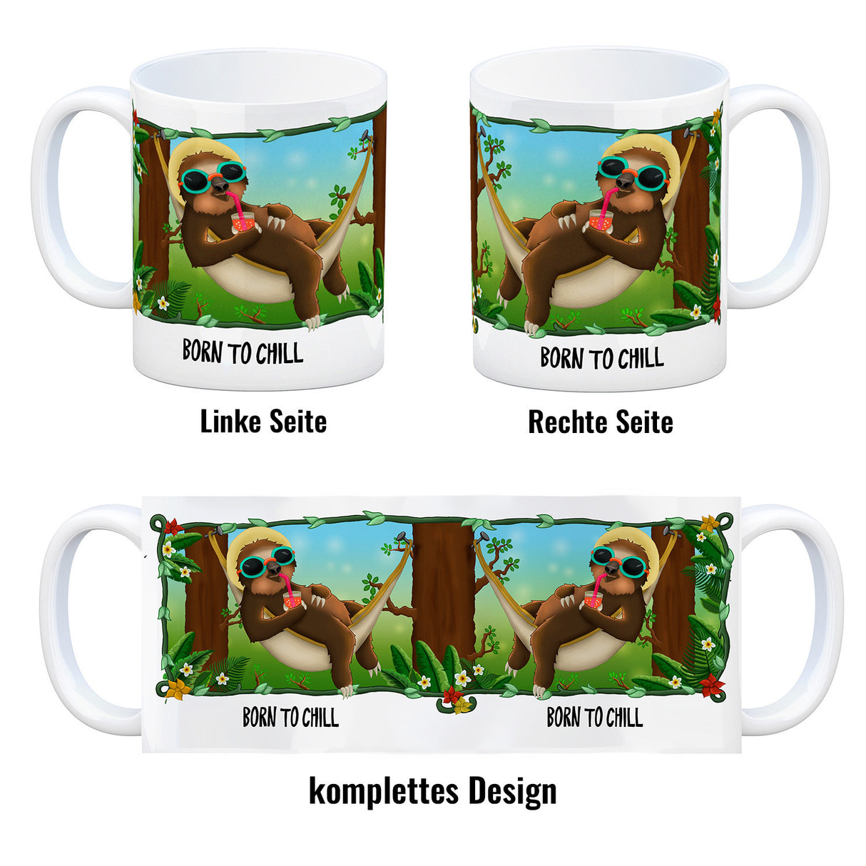 Kaffeebecher mit Faultier in Hängematte Motiv und Spruch: Born to chill
