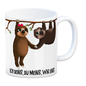Kaffeebecher mit Faultier Pärchen Motiv und Spruch: Ich deins, du meins, wir eins