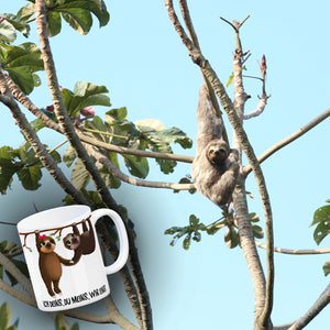 Kaffeebecher mit Faultier Pärchen Motiv und Spruch: Ich deins, du meins, wir eins