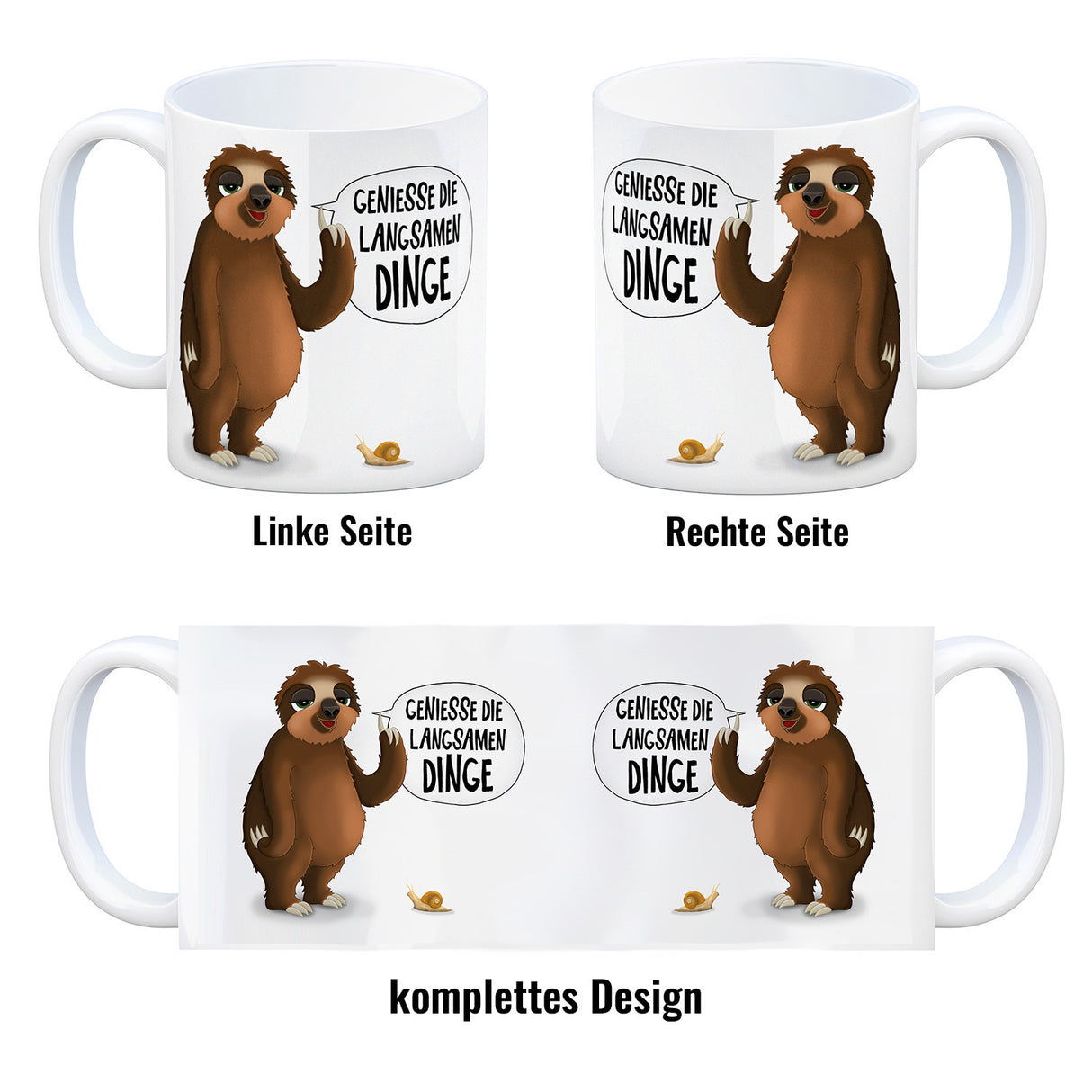 Kaffeebecher mit Faultier und Schnecke Motiv und Spruch: Genieße die langsamen Dinge