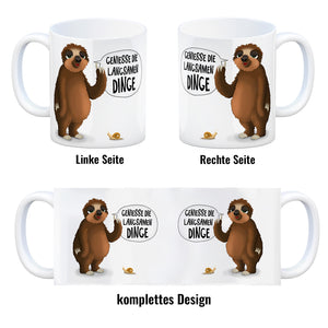Kaffeebecher mit Faultier und Schnecke Motiv und Spruch: Genieße die langsamen Dinge