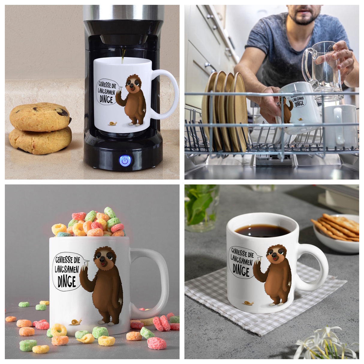 Kaffeebecher mit Faultier und Schnecke Motiv und Spruch: Genieße die langsamen Dinge