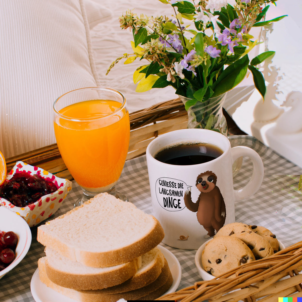 Kaffeebecher mit Faultier und Schnecke Motiv und Spruch: Genieße die langsamen Dinge