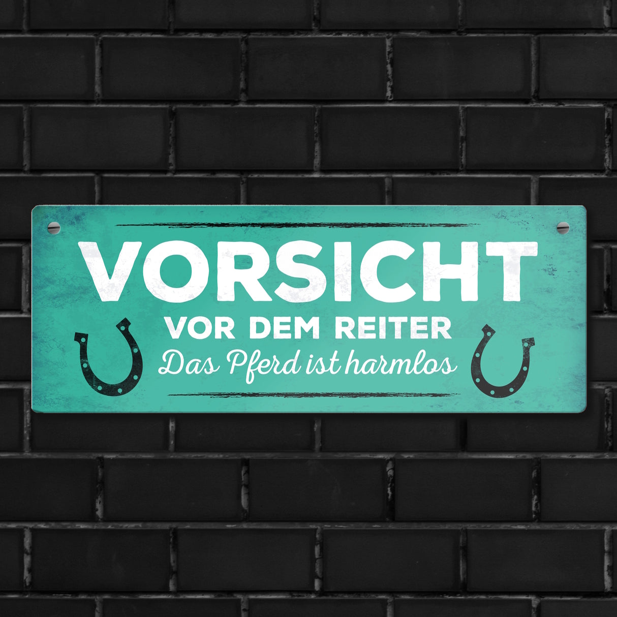 Metallschild mit Spruch: Vorsicht vor dem Reiter, das Pferd ...