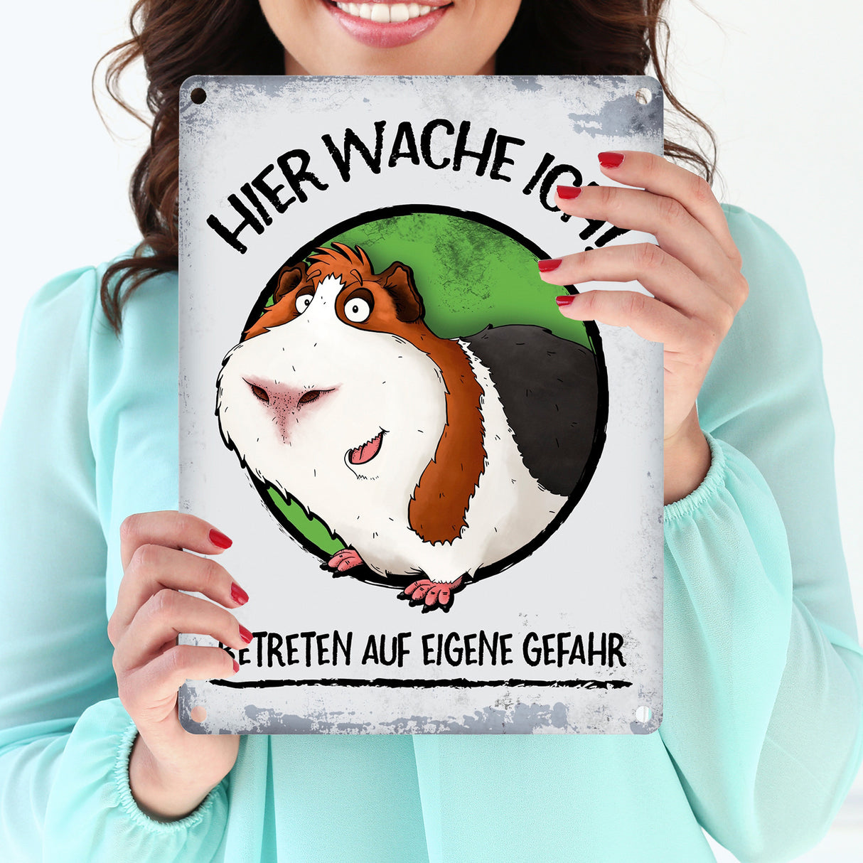 Metallschild mit Meerschweinchen Motiv und Spruch: Hier wache ich! Betreten ...