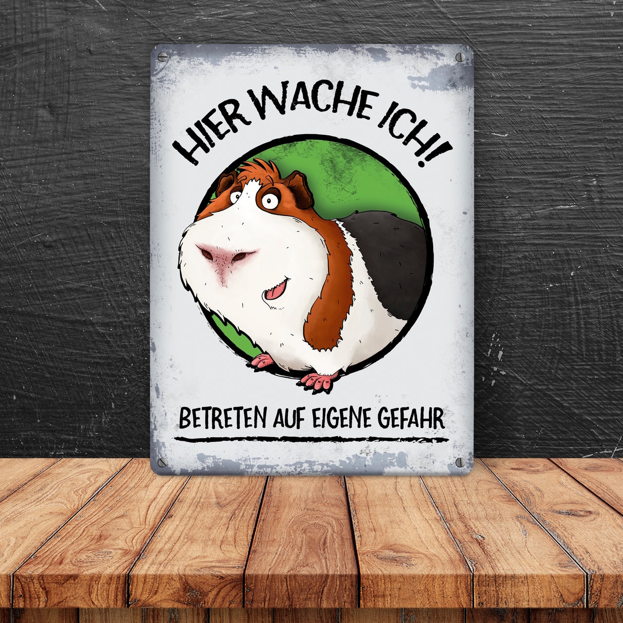 Metallschild mit Meerschweinchen Motiv und Spruch: Hier wache ich! Betreten ...