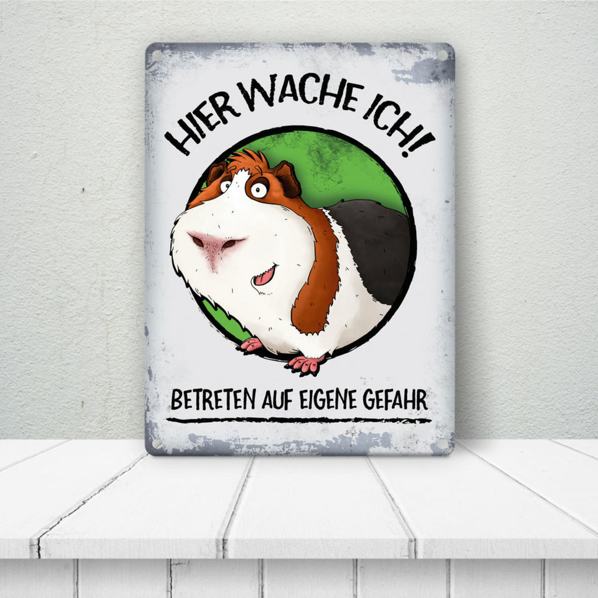 Metallschild mit Meerschweinchen Motiv und Spruch: Hier wache ich! Betreten ...