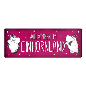 Honeycorns Metallschild mit Einhorn Motiv und Spruch: Willkommen im Einhornland