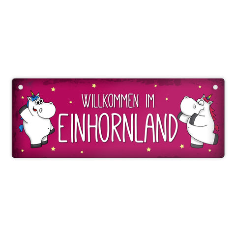 Honeycorns Metallschild mit Einhorn Motiv und Spruch: Willkommen im Einhornland