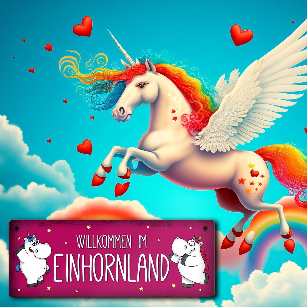 Honeycorns Metallschild mit Einhorn Motiv und Spruch: Willkommen im Einhornland