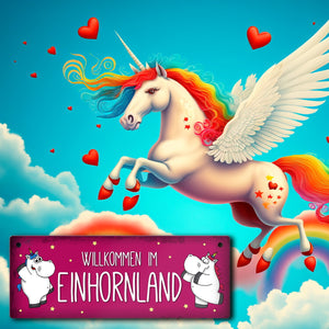 Honeycorns Metallschild mit Einhorn Motiv und Spruch: Willkommen im Einhornland