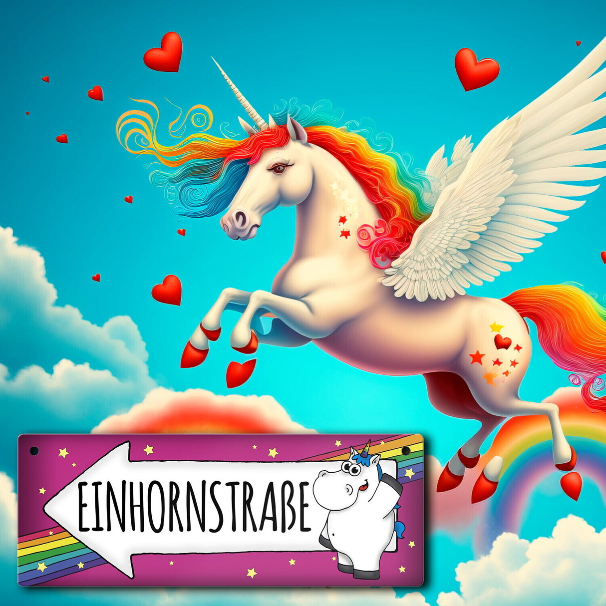 Honeycorns Metallschild mit Einhorn Motiv und Spruch: Einhornstraße