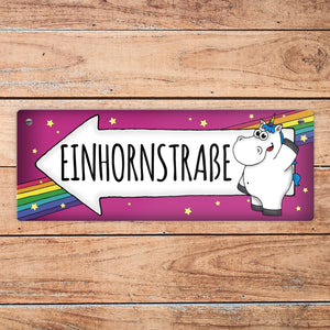Honeycorns Metallschild mit Einhorn Motiv und Spruch: Einhornstraße